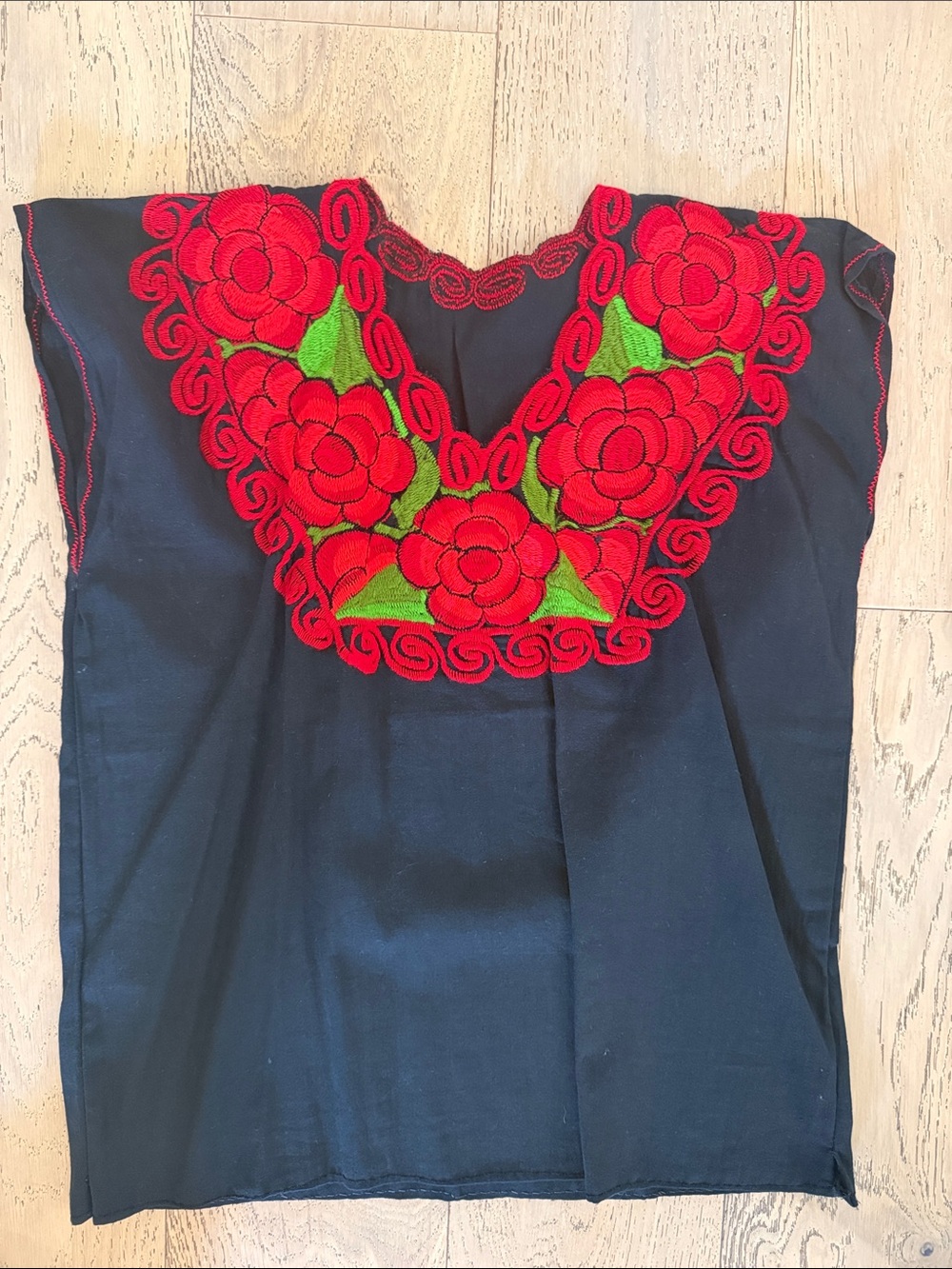 Black Tunic Top with Red Floral Embroidered Yoke